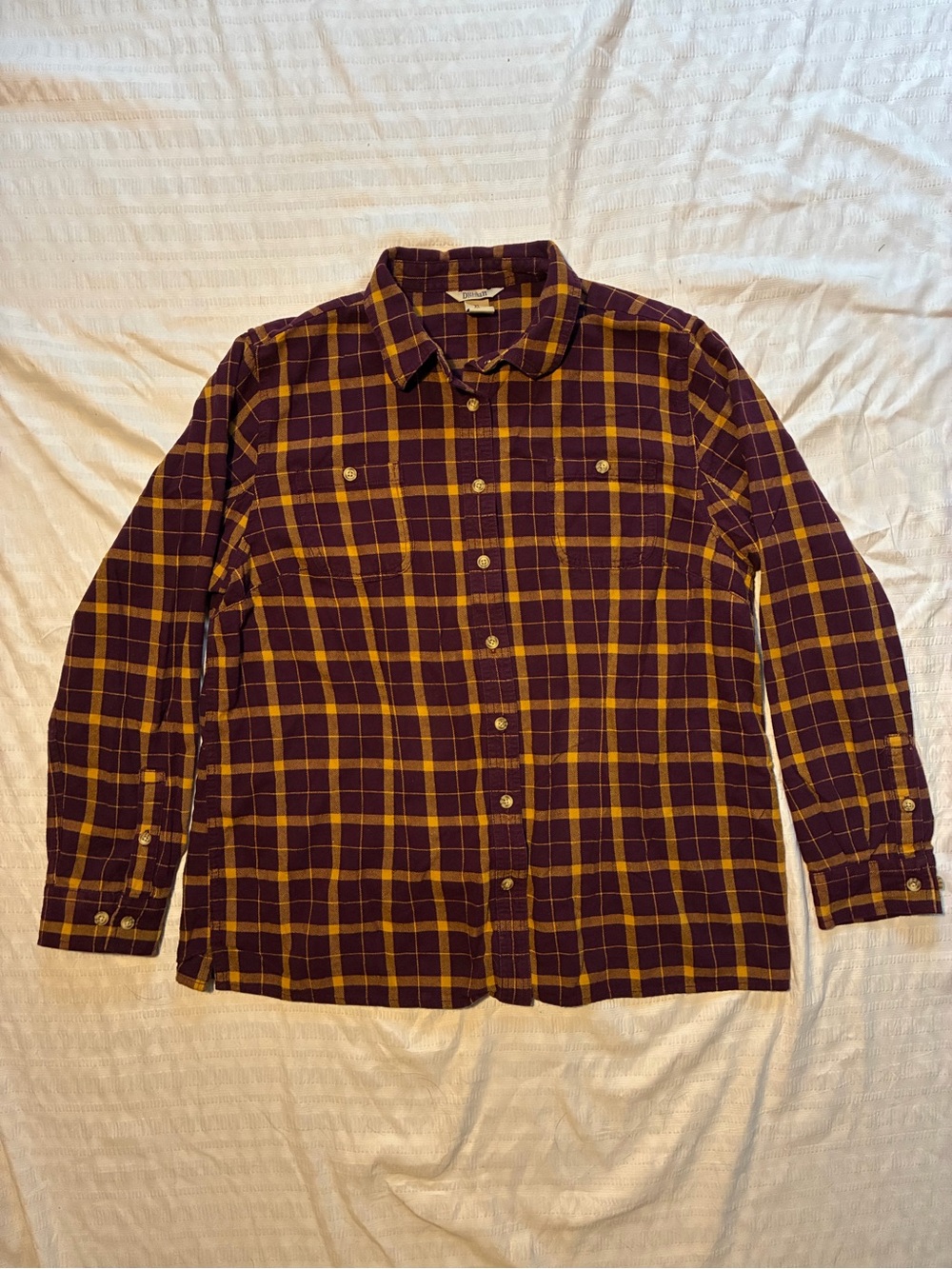 Duluth Trading Co Purple Yellow Plaid Flannel Shirt XL 100% Cotton Long Sleeve